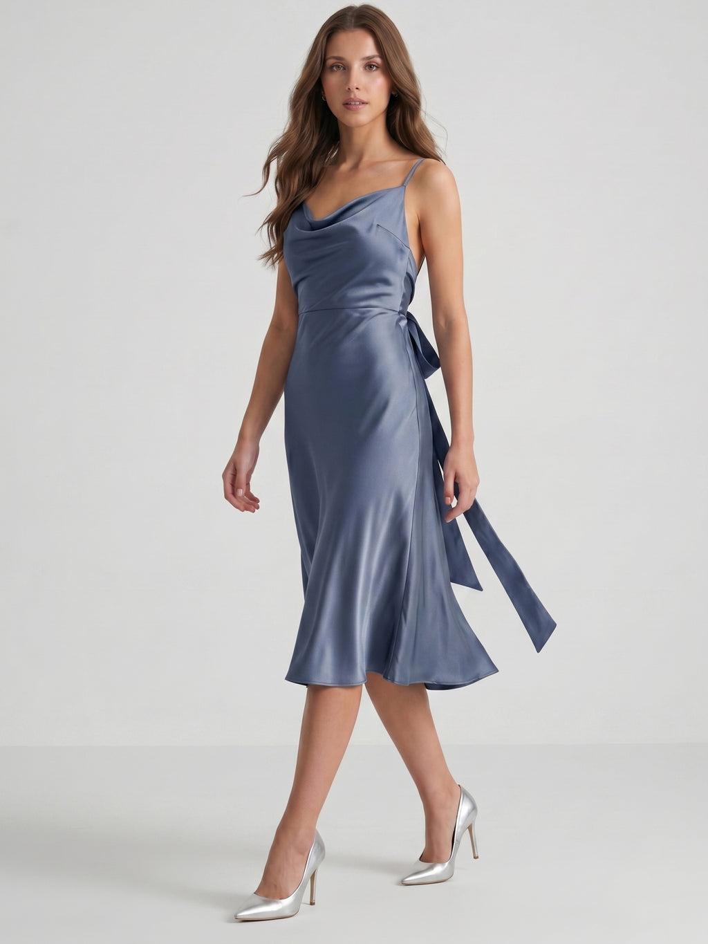 Stormy Satin Column Cowl Neck Backless Tea-Length Bridesmaid Dress