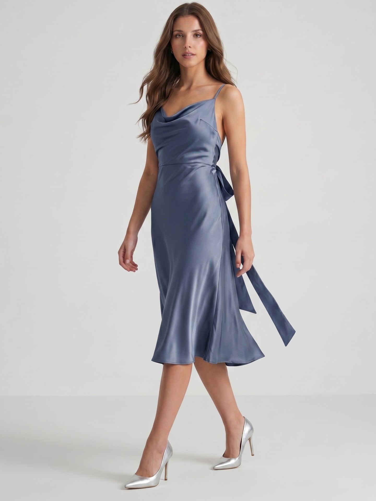 Stormy Satin Column Cowl Neck Backless Tea-Length Bridesmaid Dress