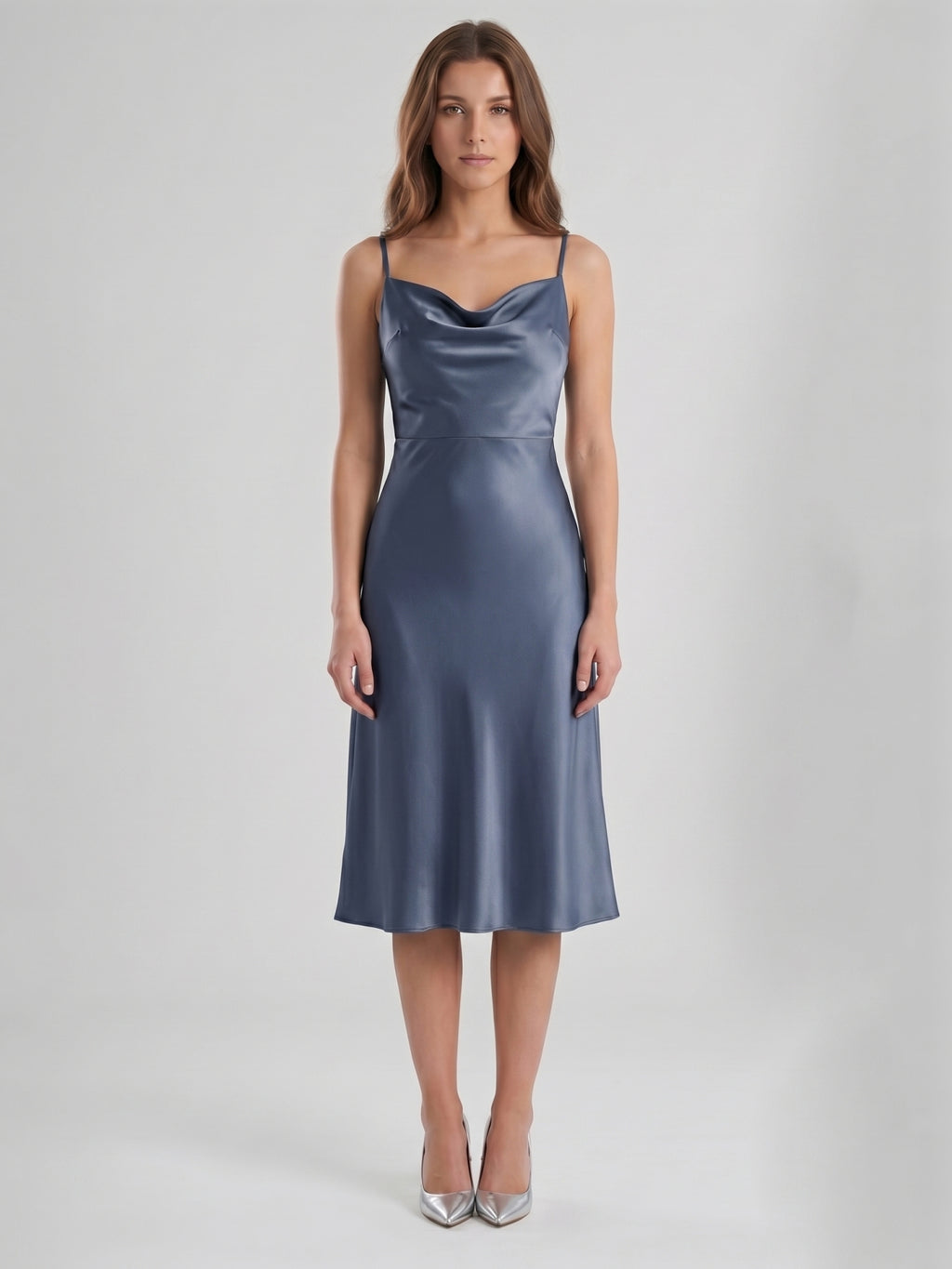 Stormy Satin Column Cowl Neck Backless Tea-Length Bridesmaid Dress