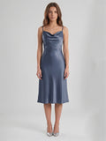 Stormy Satin Column Cowl Neck Backless Tea-Length Bridesmaid Dress