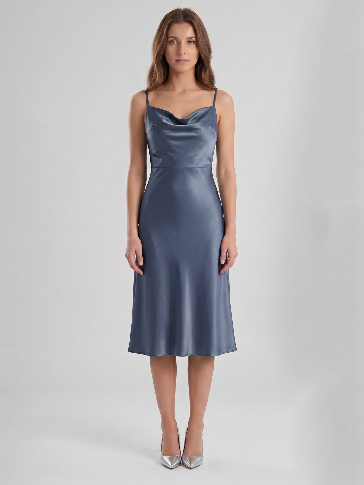 Stormy Satin Column Cowl Neck Backless Tea-Length Bridesmaid Dress
