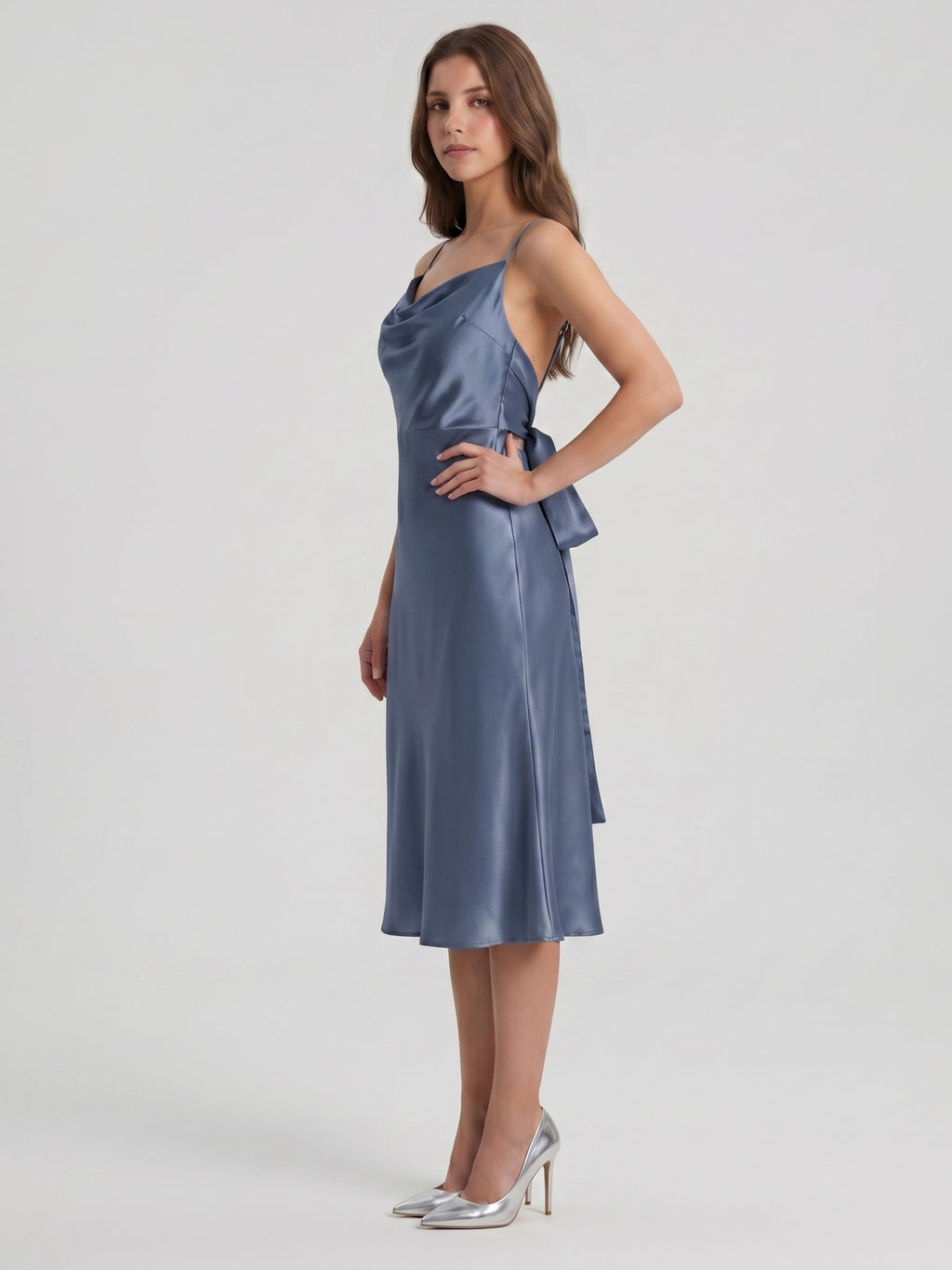 Stormy Satin Column Cowl Neck Backless Tea-Length Bridesmaid Dress