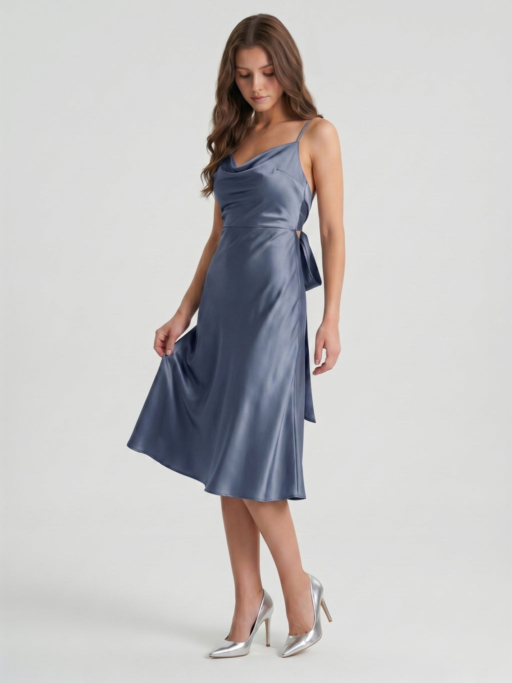 Stormy Satin Column Cowl Neck Backless Tea-Length Bridesmaid Dress
