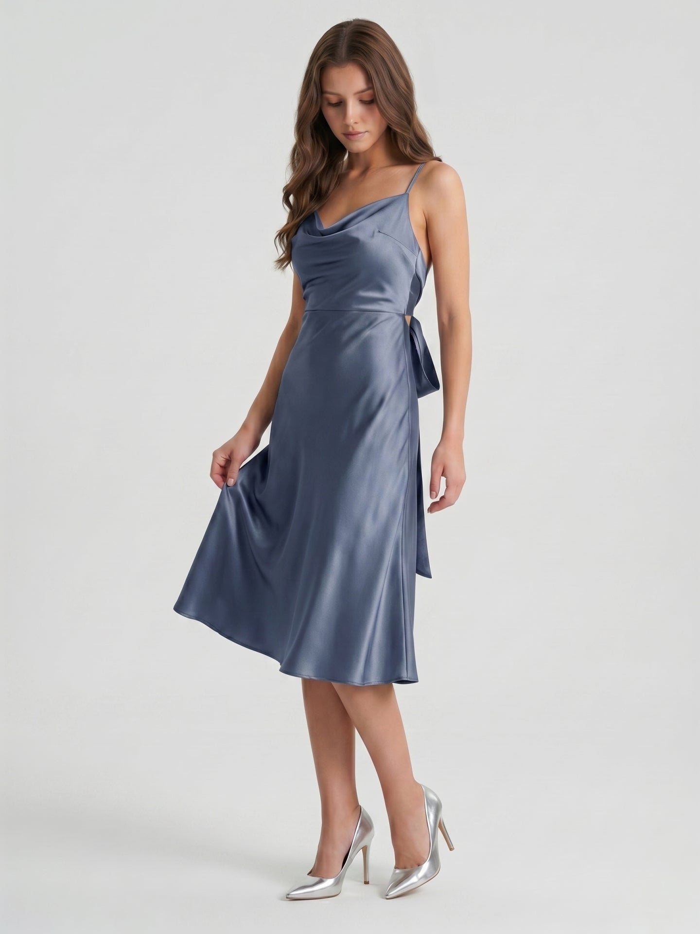 Stormy Satin Column Cowl Neck Backless Tea-Length Bridesmaid Dress