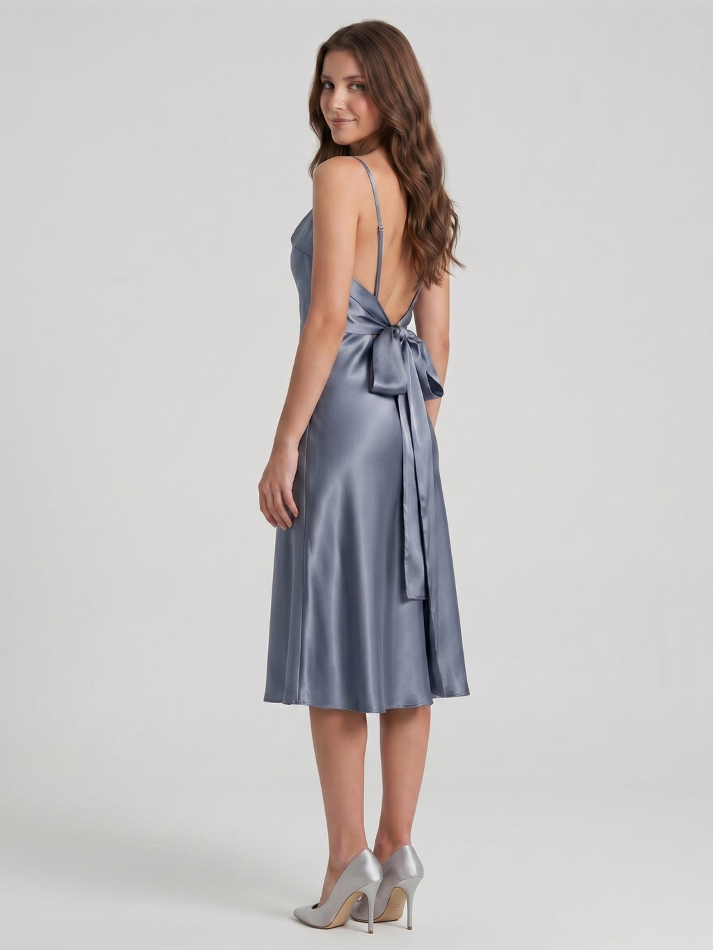 Stormy Satin Column Cowl Neck Backless Tea-Length Bridesmaid Dress