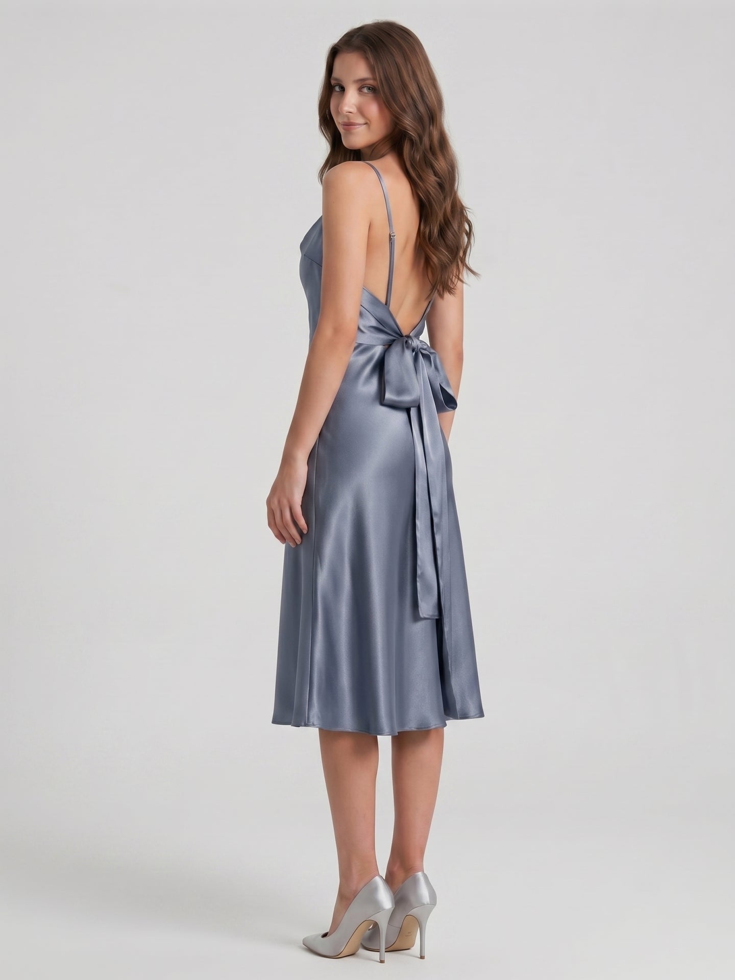 Stormy Satin Column Cowl Neck Backless Tea-Length Bridesmaid Dress