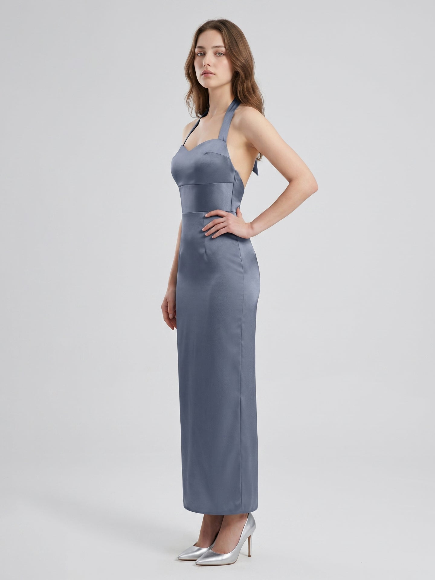 Stormy Satin Column Halter Neckline Backless Floor-Length Bridesmaid Dress