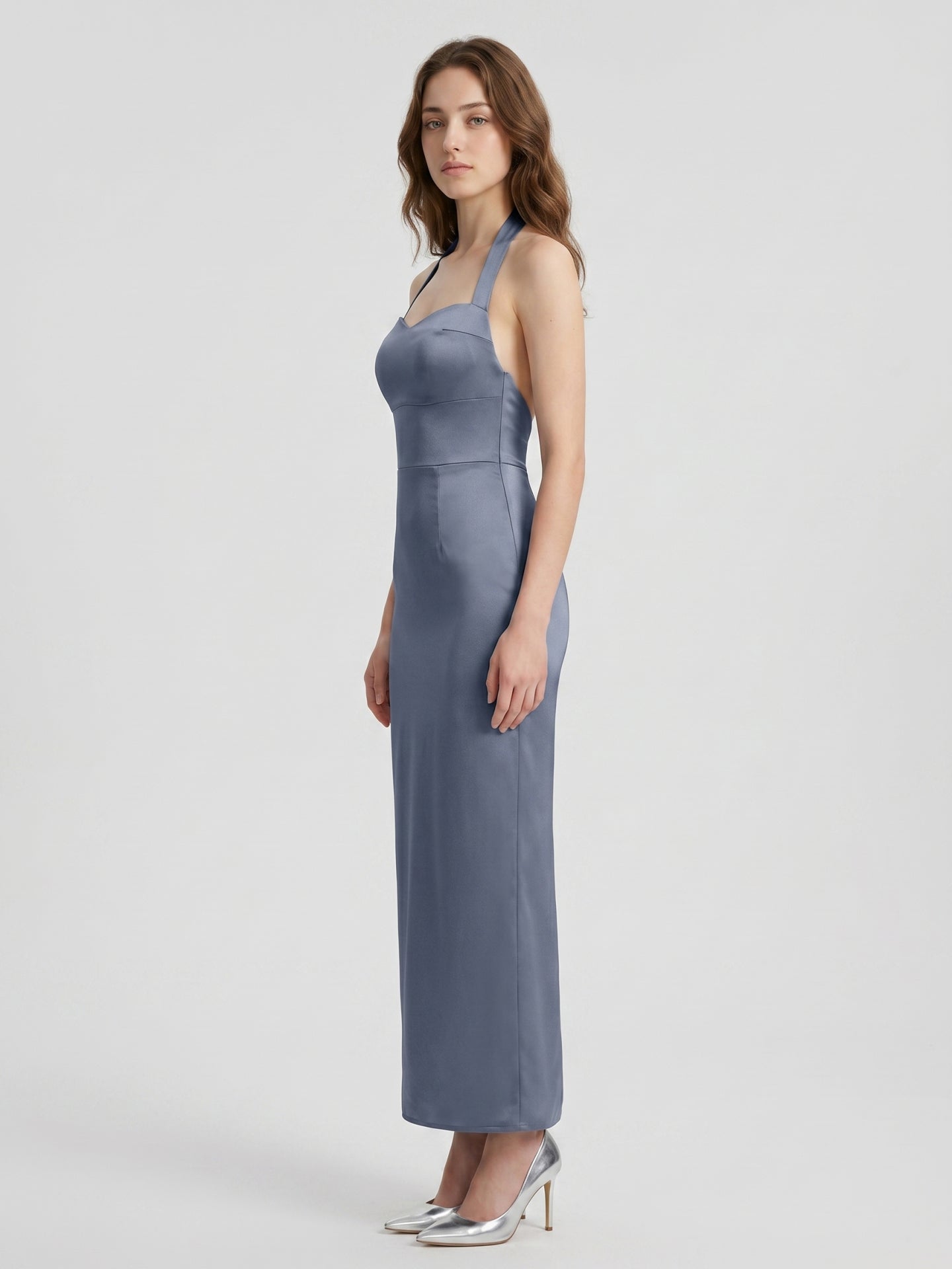 Stormy Satin Column Halter Neckline Backless Floor-Length Bridesmaid Dress