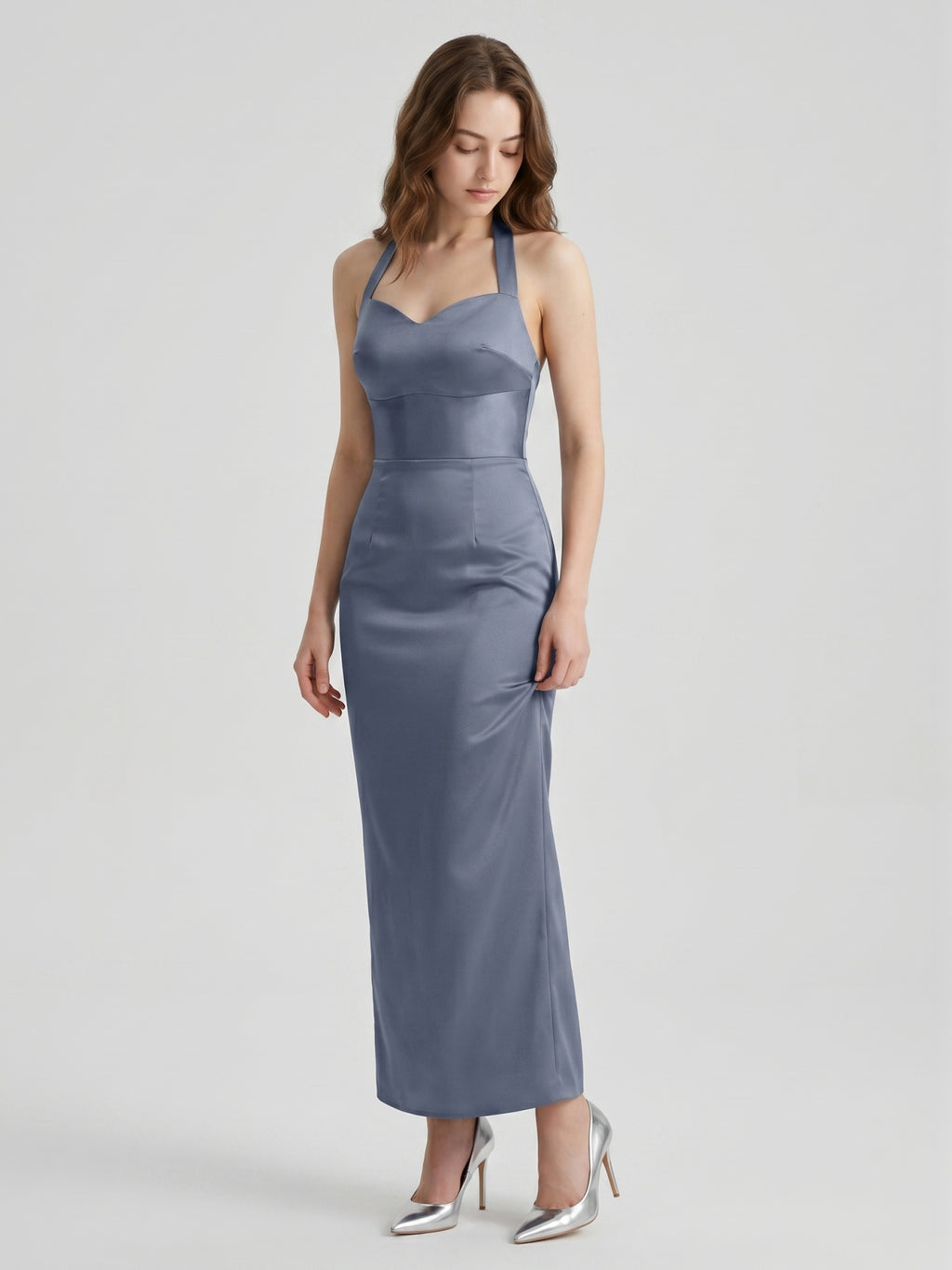 Stormy Satin Column Halter Neckline Backless Floor-Length Bridesmaid Dress
