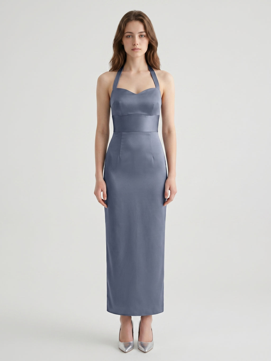 Stormy Satin Column Halter Neckline Backless Floor-Length Bridesmaid Dress