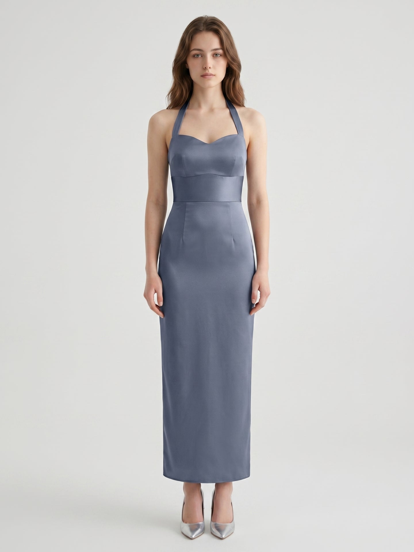 Stormy Satin Column Halter Neckline Backless Floor-Length Bridesmaid Dress