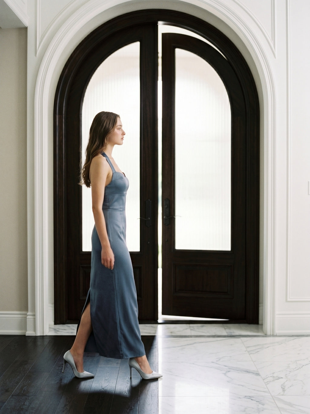 Stormy Satin Column Halter Neckline Backless Floor-Length Bridesmaid Dress