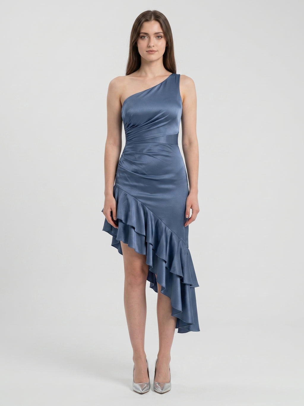 Stormy Satin Column One Shoulder Back Zip Asymmetrical Bridesmaid Dress with Ruffle