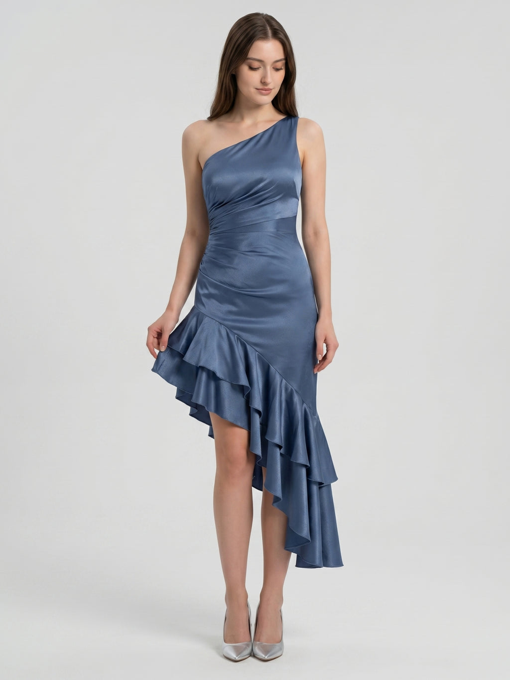 Stormy Satin Column One Shoulder Back Zip Asymmetrical Bridesmaid Dress with Ruffle