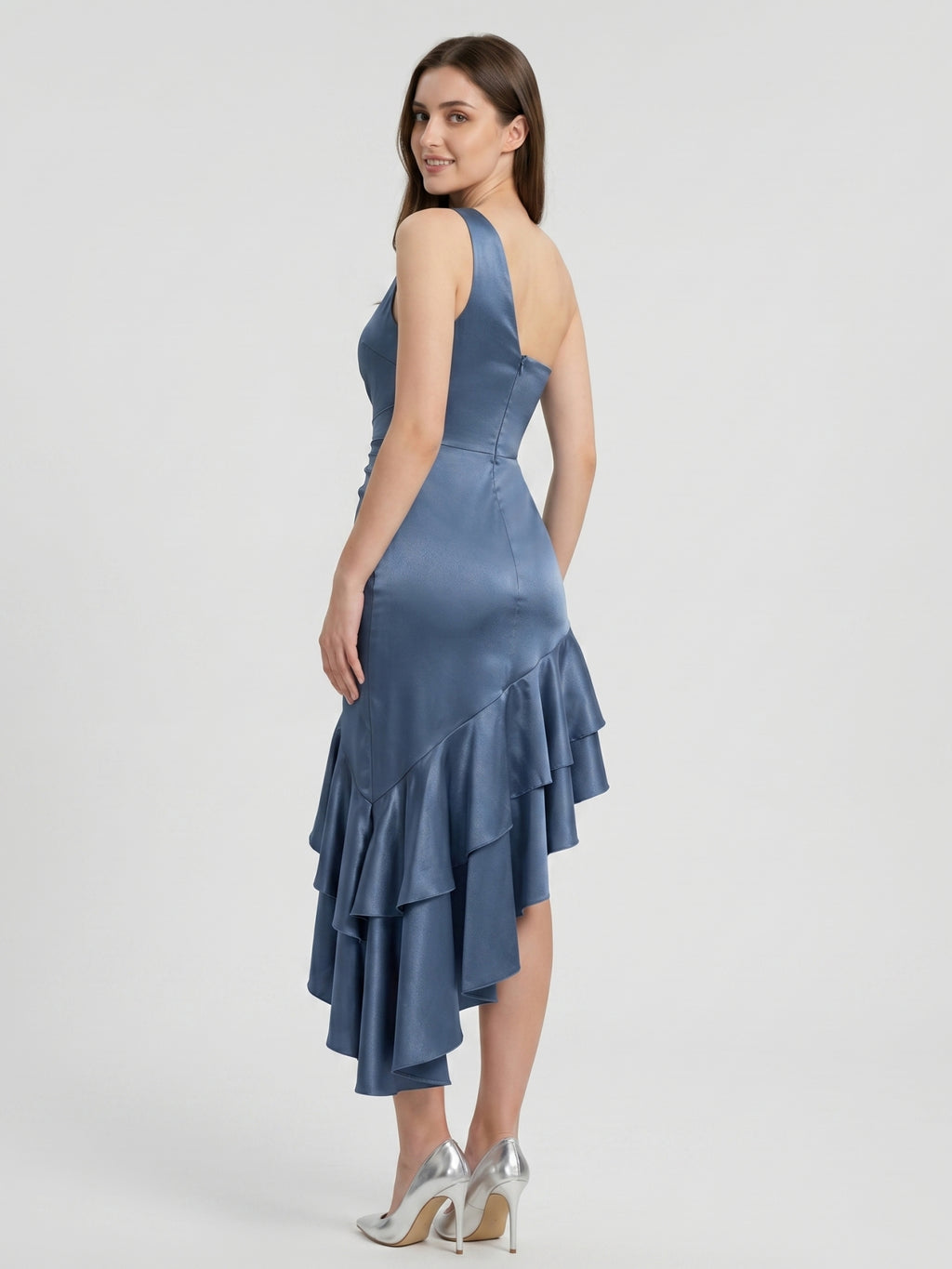 Stormy Satin Column One Shoulder Back Zip Asymmetrical Bridesmaid Dress with Ruffle