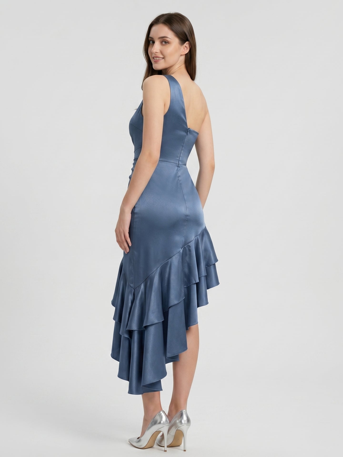 Stormy Satin Column One Shoulder Back Zip Asymmetrical Bridesmaid Dress with Ruffle
