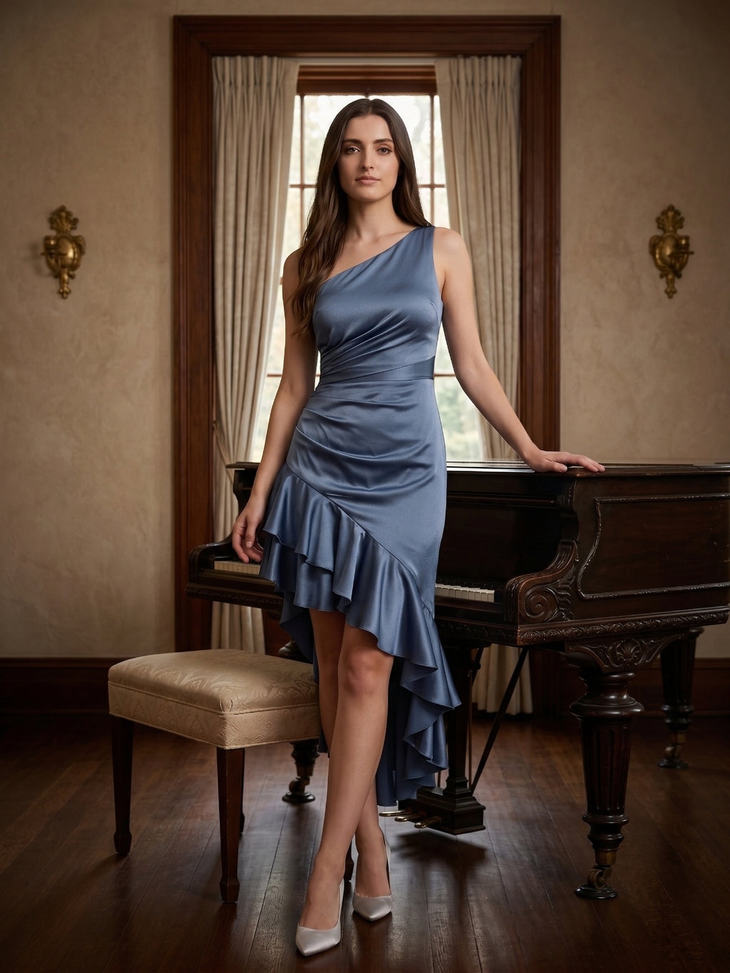 Stormy Satin Column One Shoulder Back Zip Asymmetrical Bridesmaid Dress with Ruffle