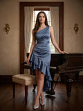 Stormy Satin Column One Shoulder Back Zip Asymmetrical Bridesmaid Dress with Ruffle