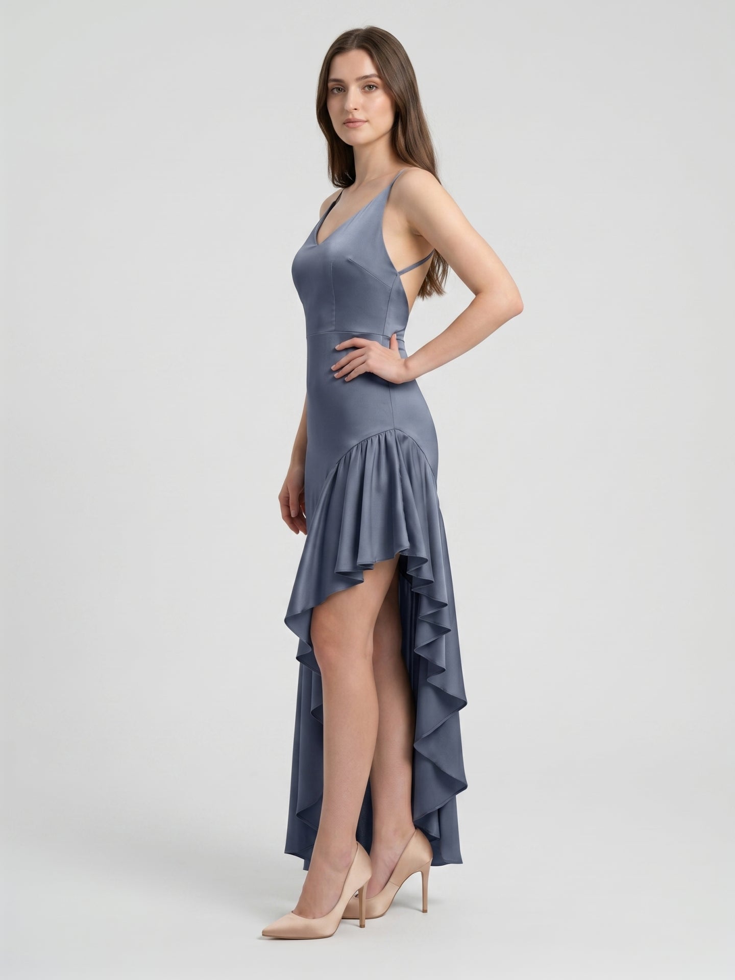 Stormy Satin Column Square Neck Backless Asymmetrical Bridesmaid Dress with Ruffle
