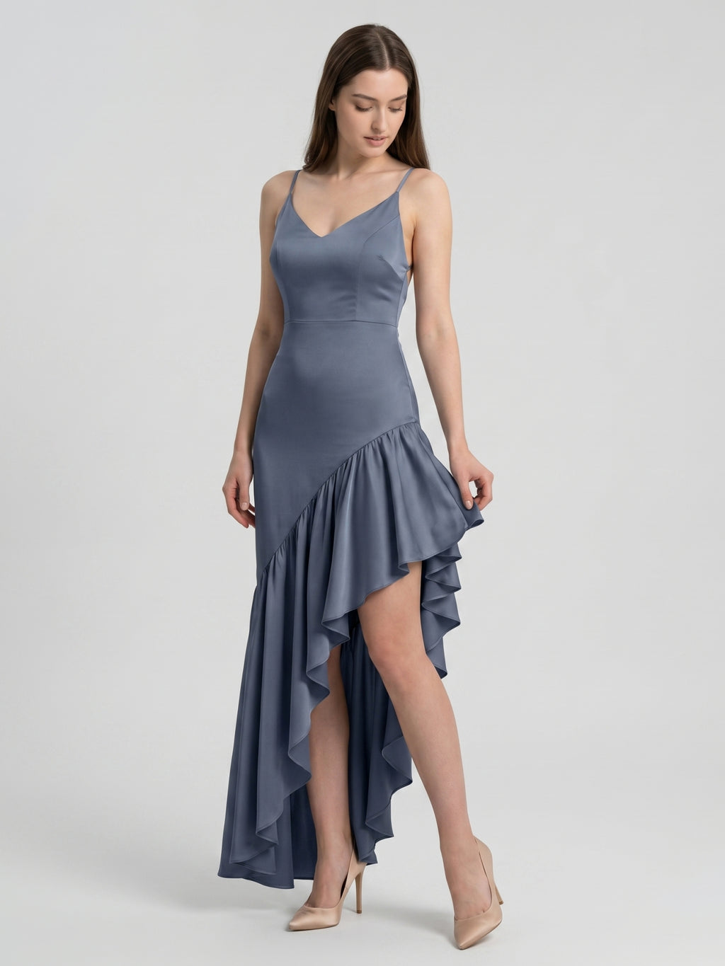 Stormy Satin Column Square Neck Backless Asymmetrical Bridesmaid Dress with Ruffle