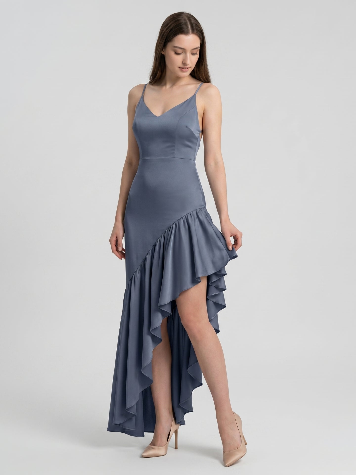 Stormy Satin Column Square Neck Backless Asymmetrical Bridesmaid Dress with Ruffle