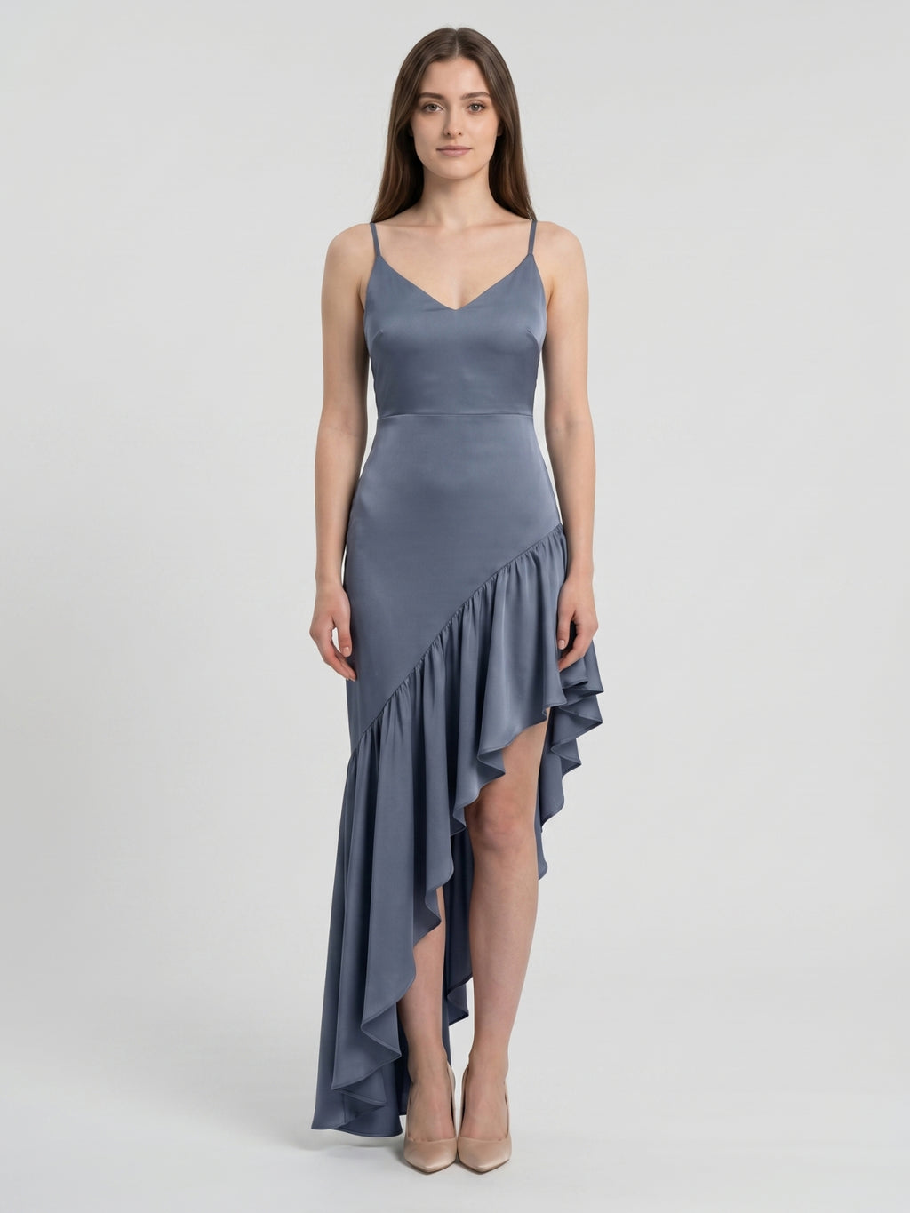 Stormy Satin Column Square Neck Backless Asymmetrical Bridesmaid Dress with Ruffle