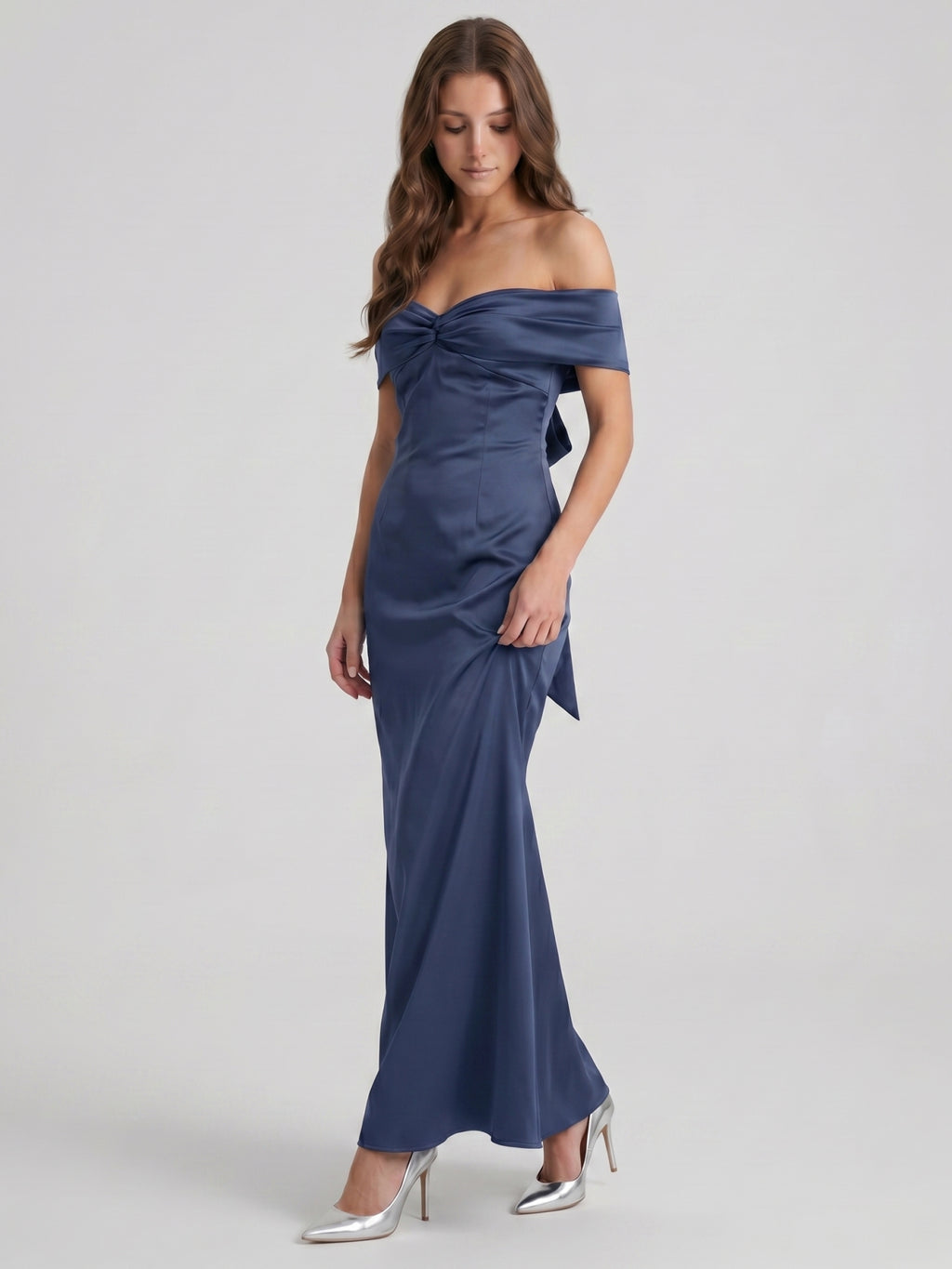 Stormy Satin Mermaid Off-the-Shoulder Back Zip Floor-Length Bridesmaid Dress