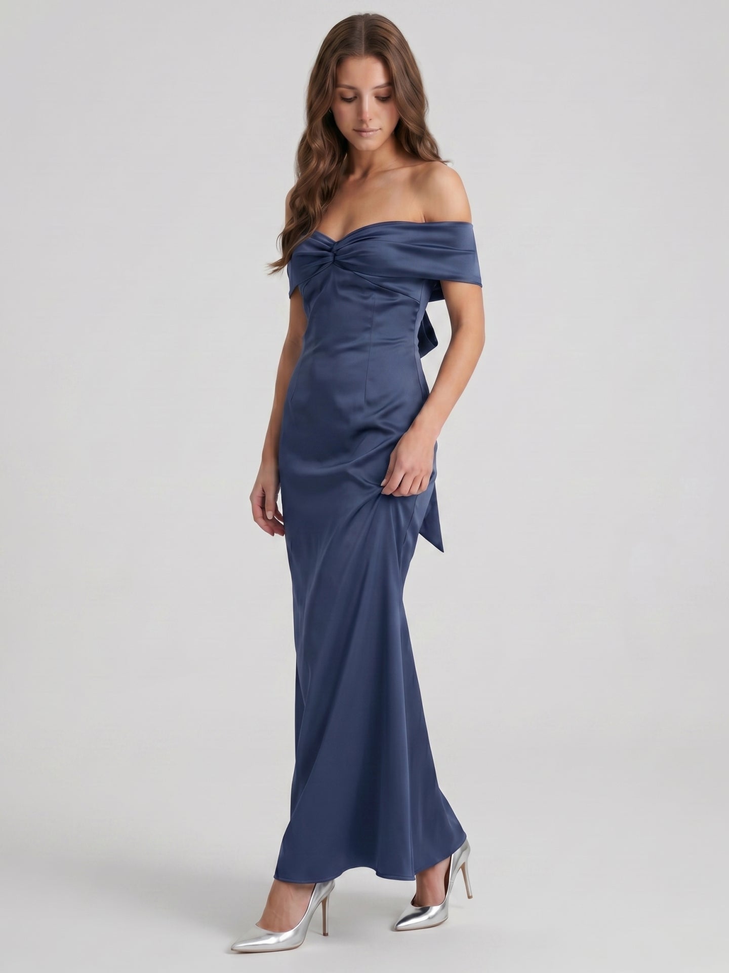 Stormy Satin Mermaid Off-the-Shoulder Back Zip Floor-Length Bridesmaid Dress