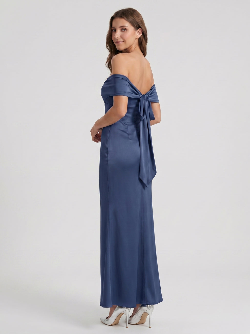Stormy Satin Mermaid Off-the-Shoulder Back Zip Floor-Length Bridesmaid Dress