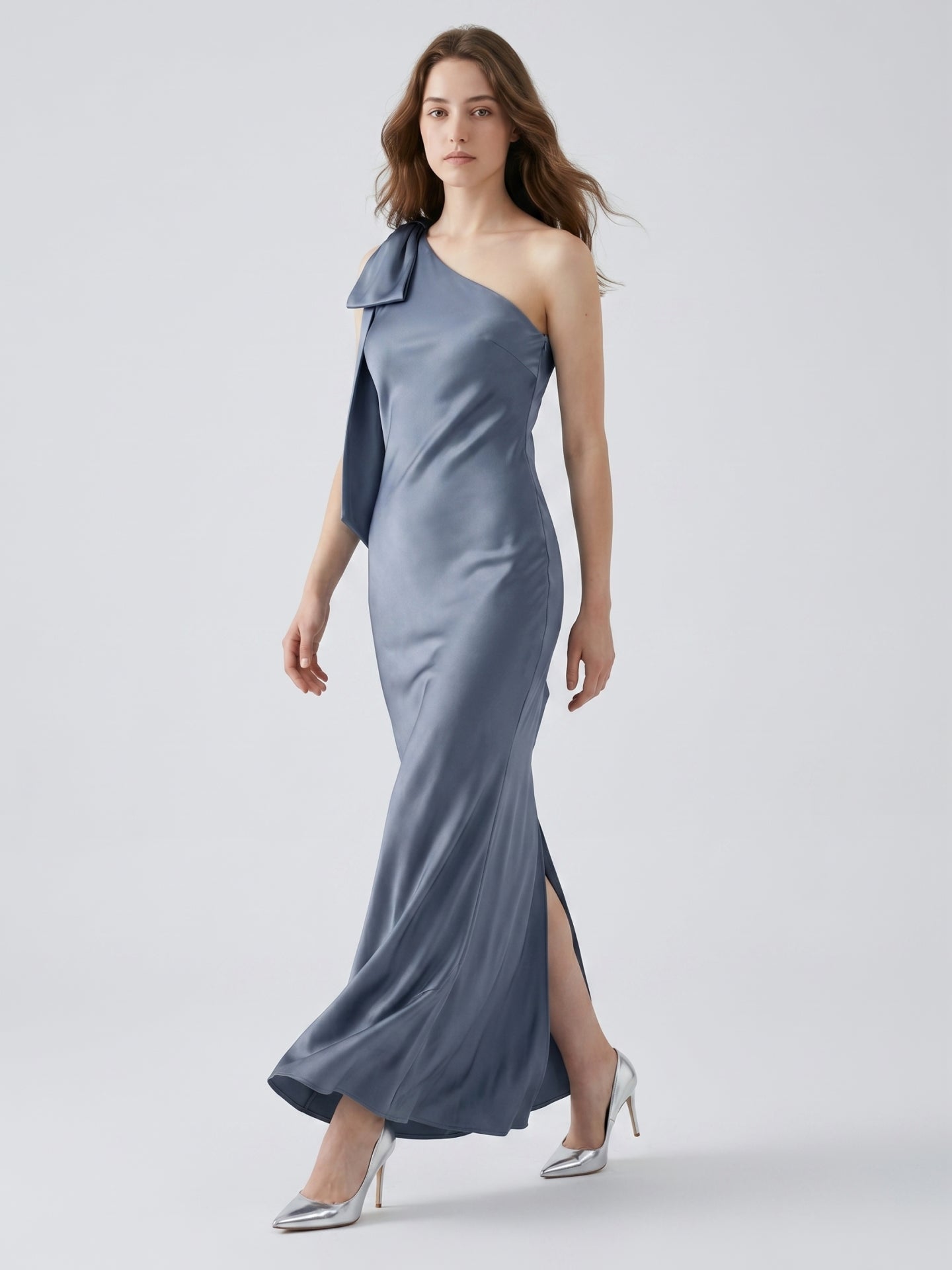 Stormy Satin Trumpet One Shoulder Back Zip Floor-Length Bridesmaid Dress with Bow