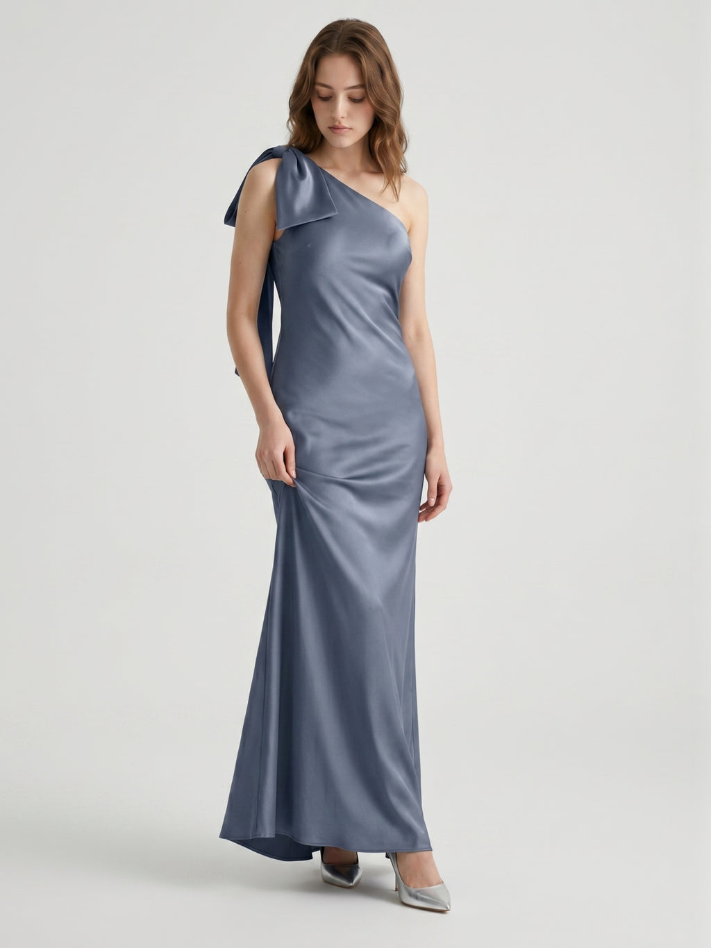 Stormy Satin Trumpet One Shoulder Back Zip Floor-Length Bridesmaid Dress with Bow
