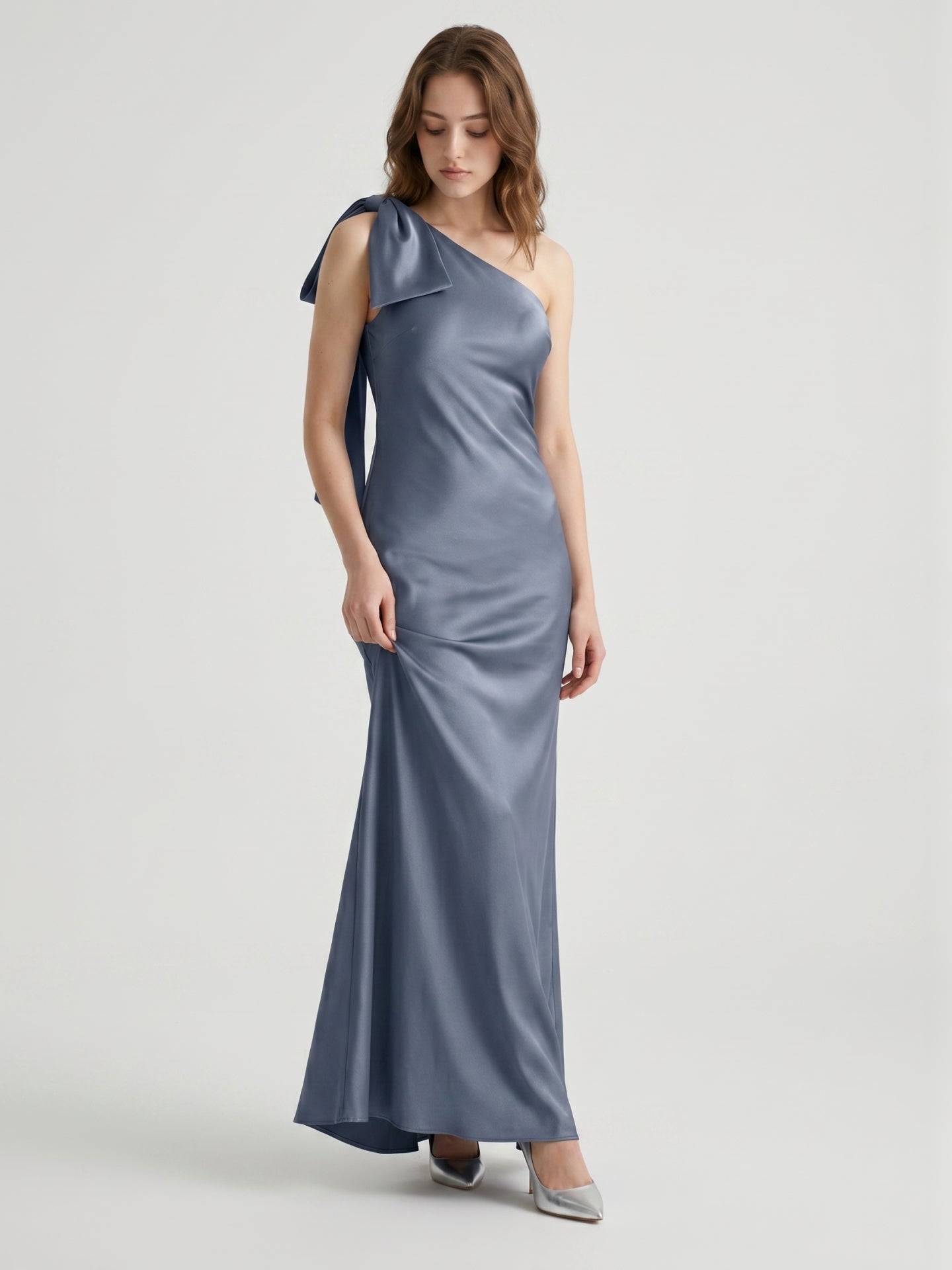 Stormy Satin Trumpet One Shoulder Back Zip Floor-Length Bridesmaid Dress with Bow