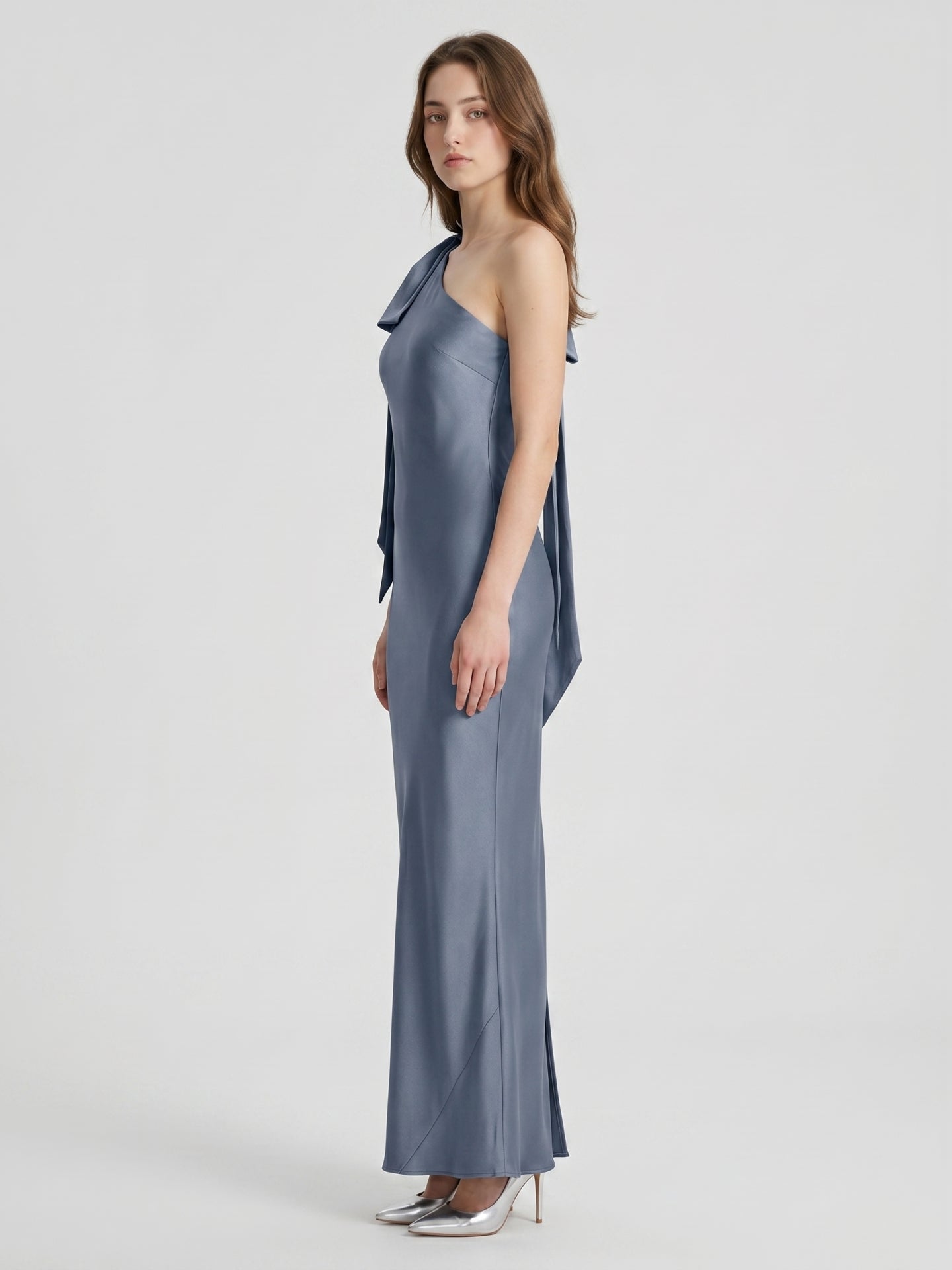 Stormy Satin Trumpet One Shoulder Back Zip Floor-Length Bridesmaid Dress with Bow