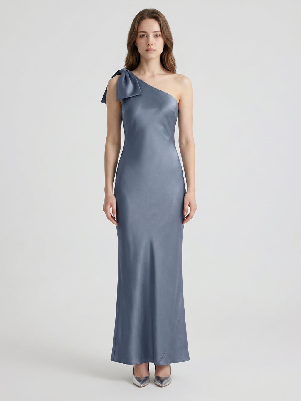 Stormy Satin Trumpet One Shoulder Back Zip Floor-Length Bridesmaid Dress with Bow