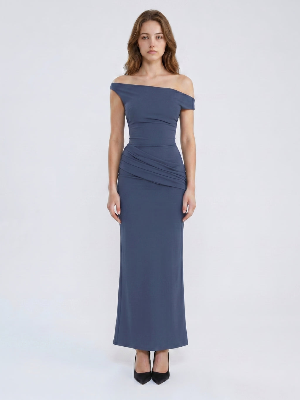 Stormy Stretch Knit Mermaid Off-the-Shoulder Side Zip Floor-Length Bridesmaid Dress
