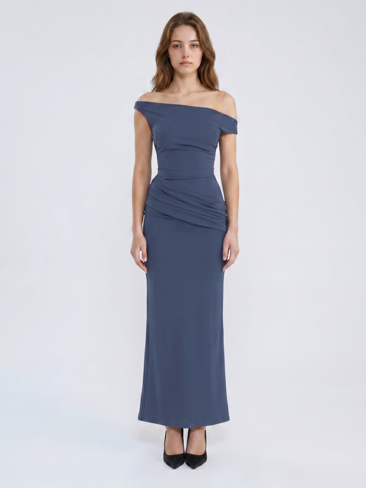 Stormy Stretch Knit Mermaid Off-the-Shoulder Side Zip Floor-Length Bridesmaid Dress