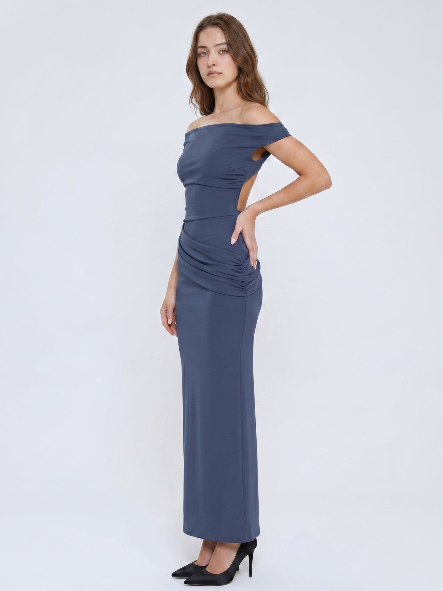 Stormy Stretch Knit Mermaid Off-the-Shoulder Side Zip Floor-Length Bridesmaid Dress