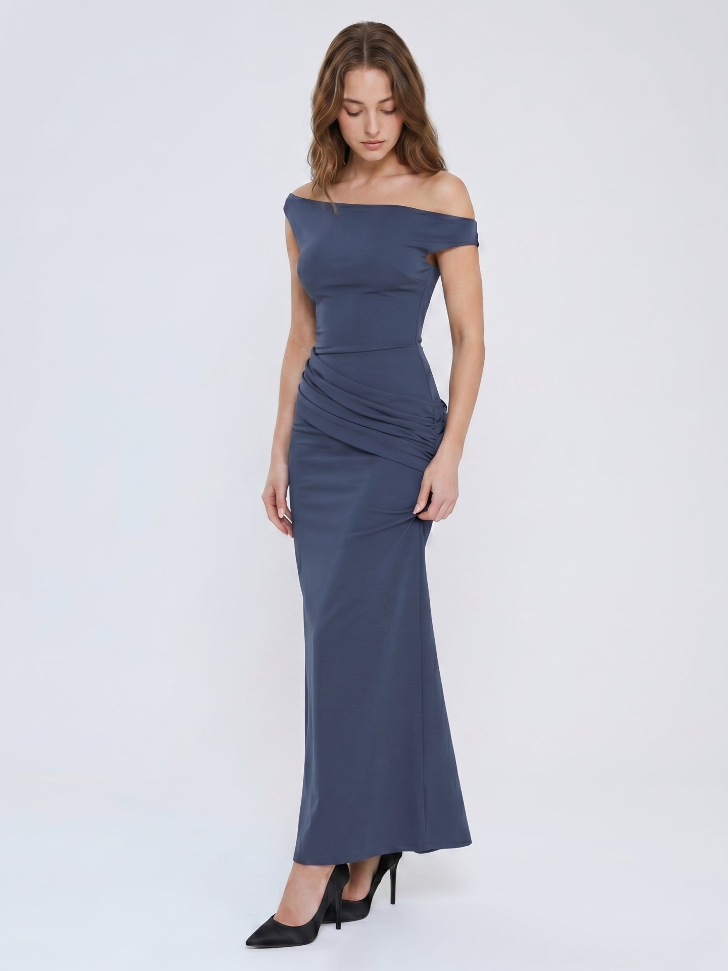 Stormy Stretch Knit Mermaid Off-the-Shoulder Side Zip Floor-Length Bridesmaid Dress