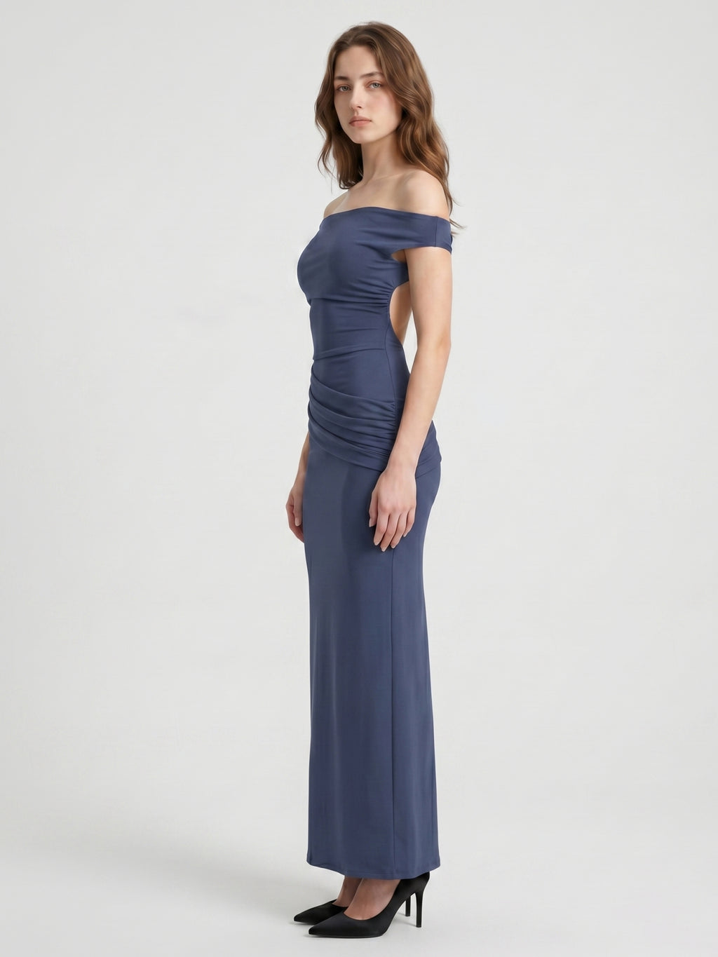 Stormy Stretch Knit Mermaid Off-the-Shoulder Side Zip Floor-Length Bridesmaid Dress