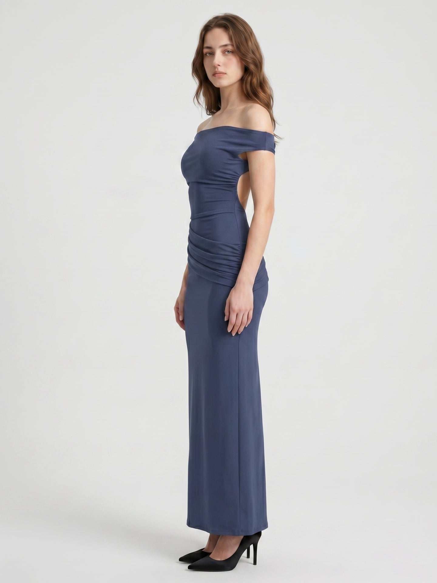 Stormy Stretch Knit Mermaid Off-the-Shoulder Side Zip Floor-Length Bridesmaid Dress