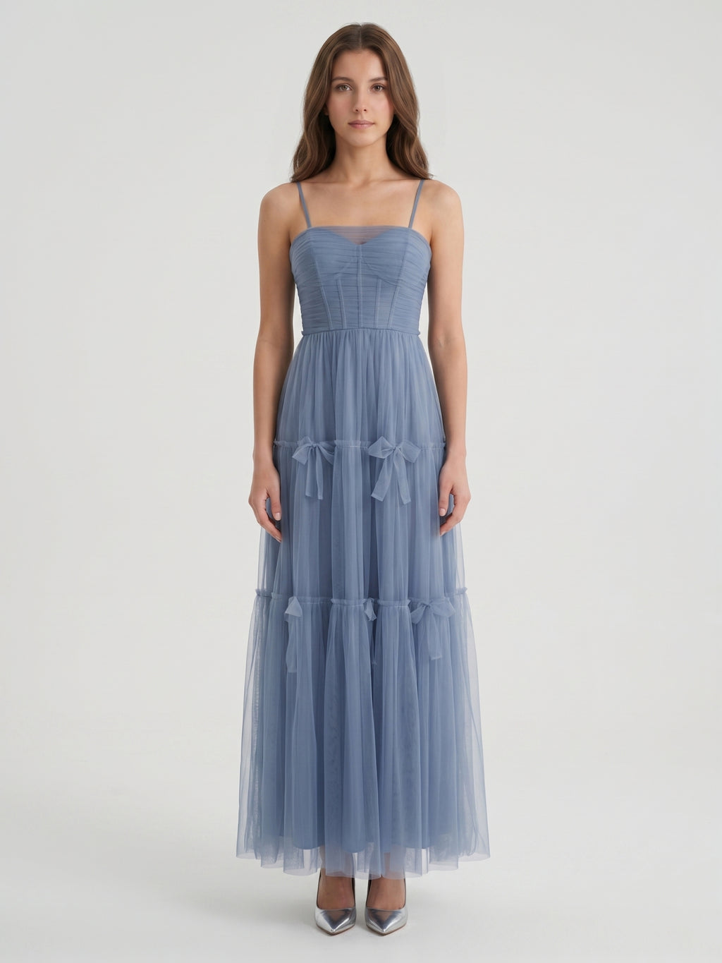 Stormy Tulle A-Line Square Neck Back Zip Floor-Length Bridesmaid Dress
