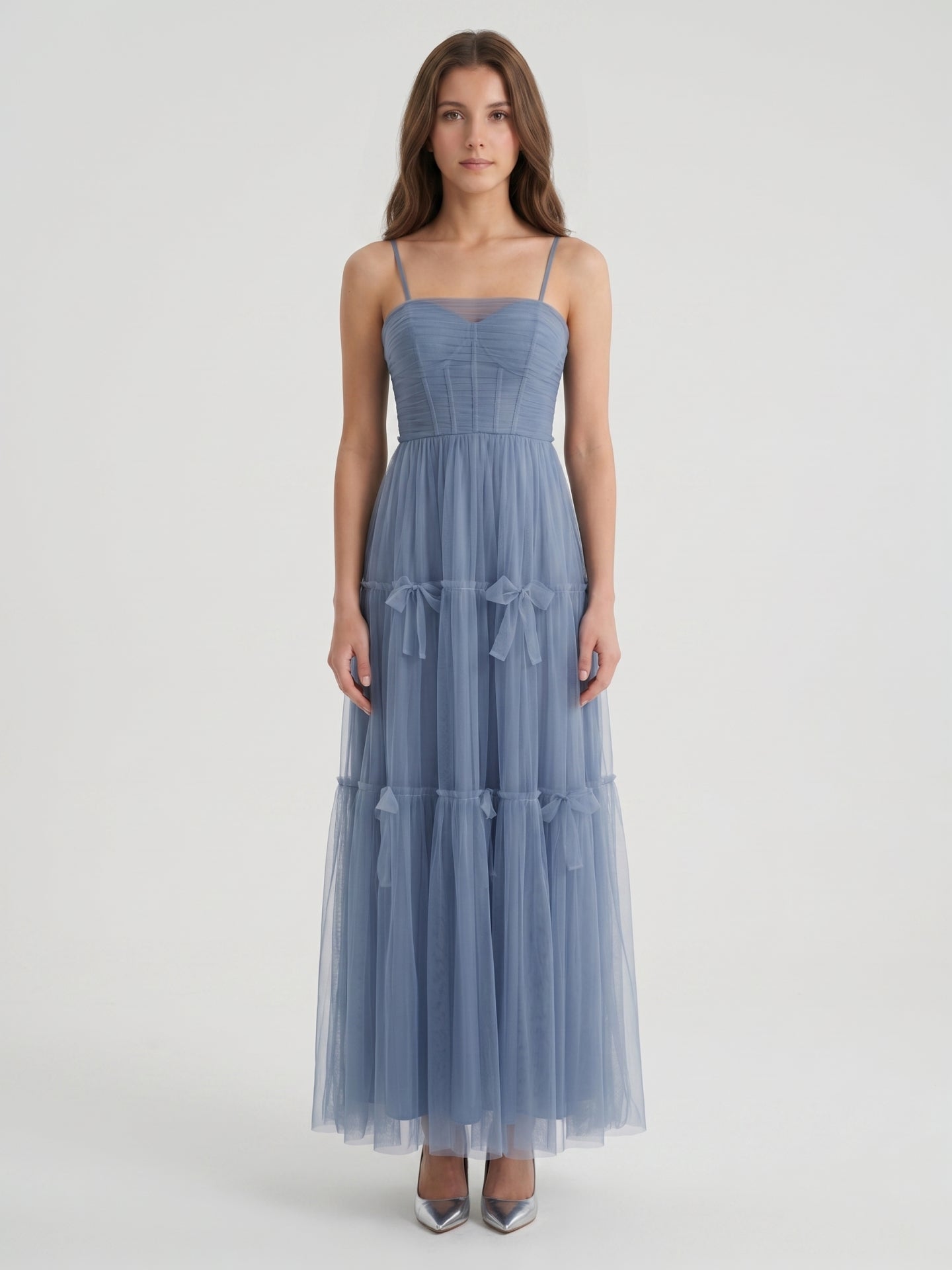 Stormy Tulle A-Line Square Neck Back Zip Floor-Length Bridesmaid Dress