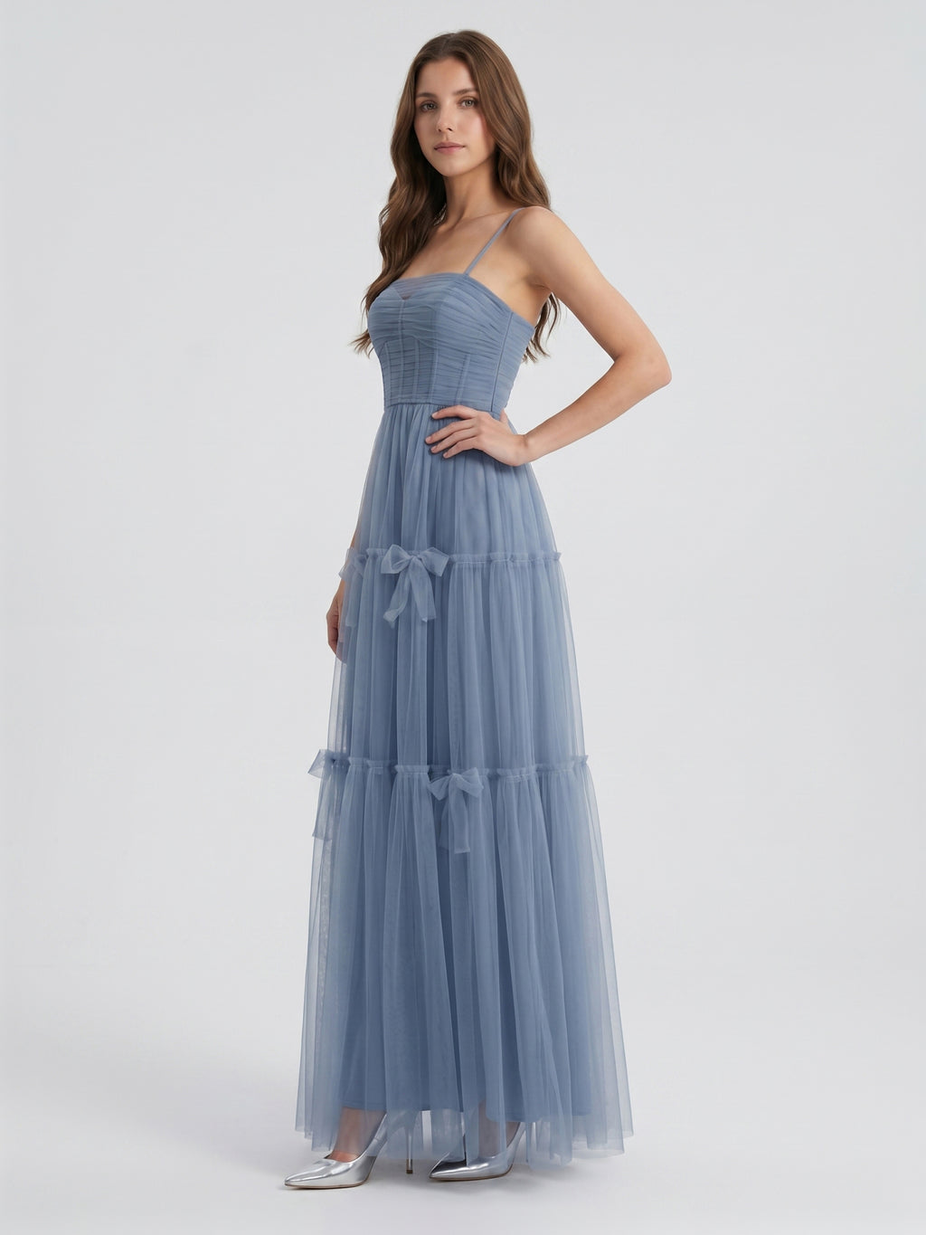 Stormy Tulle A-Line Square Neck Back Zip Floor-Length Bridesmaid Dress
