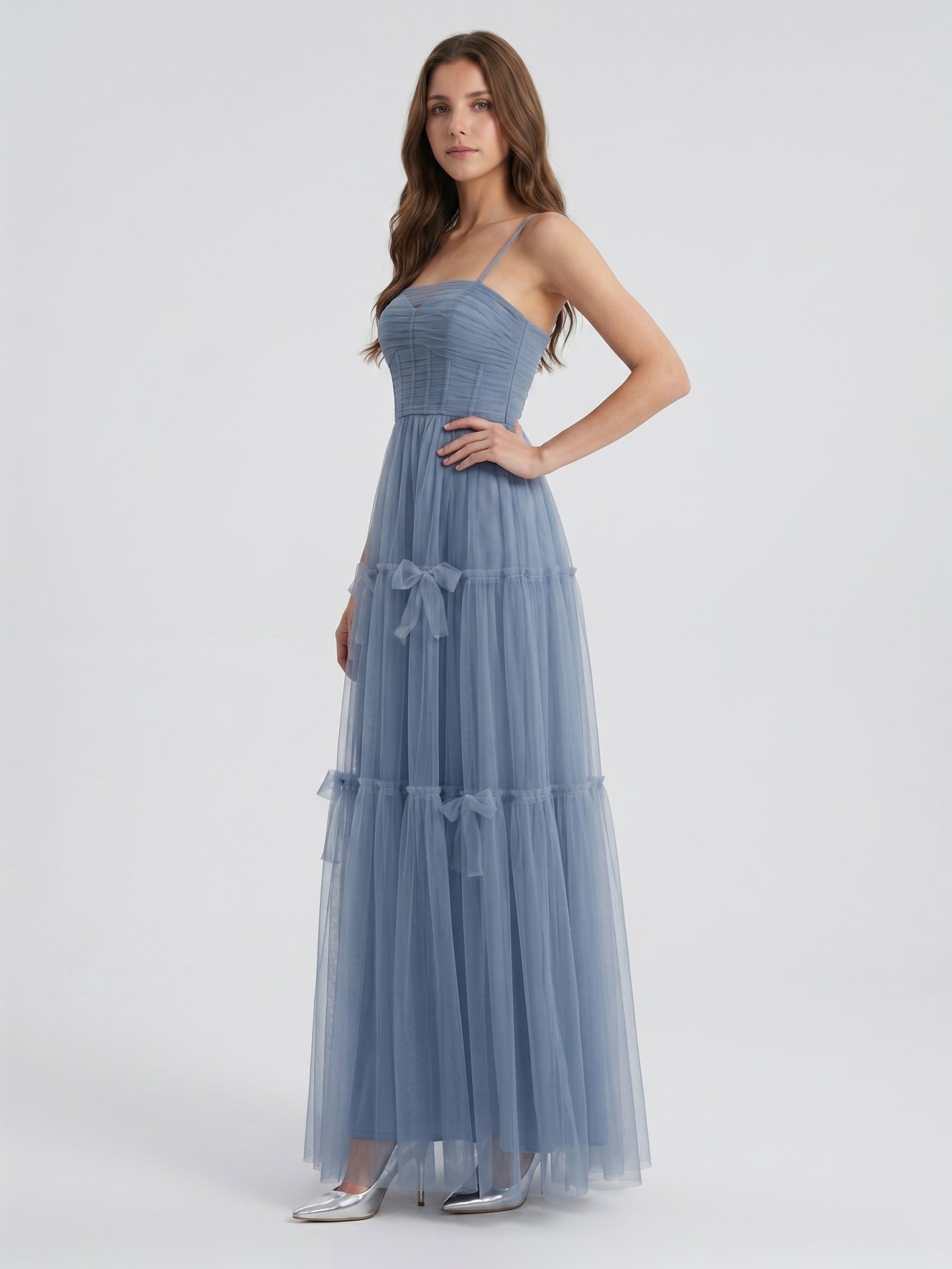 Stormy Tulle A-Line Square Neck Back Zip Floor-Length Bridesmaid Dress
