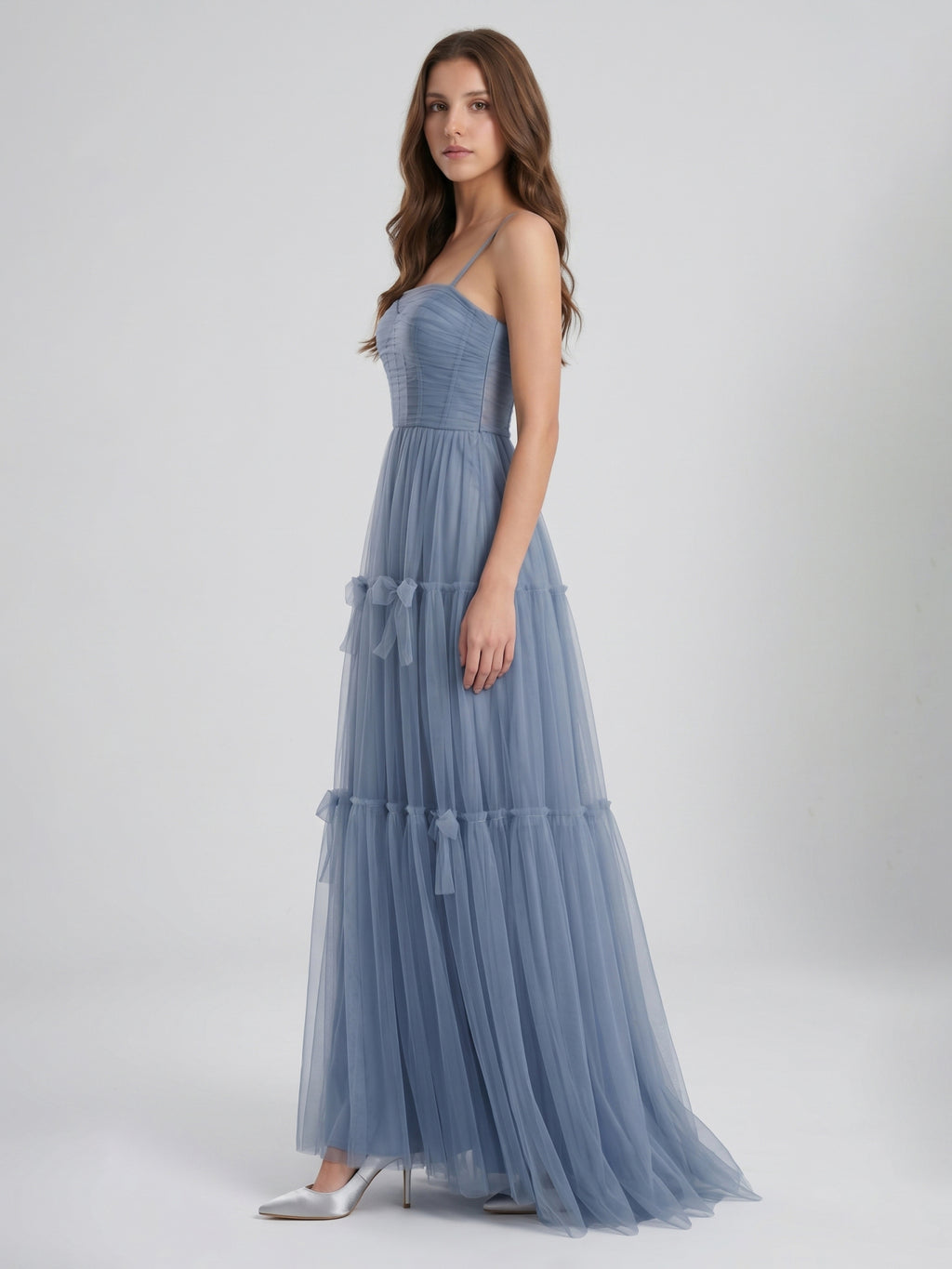 Stormy Tulle A-Line Square Neck Back Zip Floor-Length Bridesmaid Dress