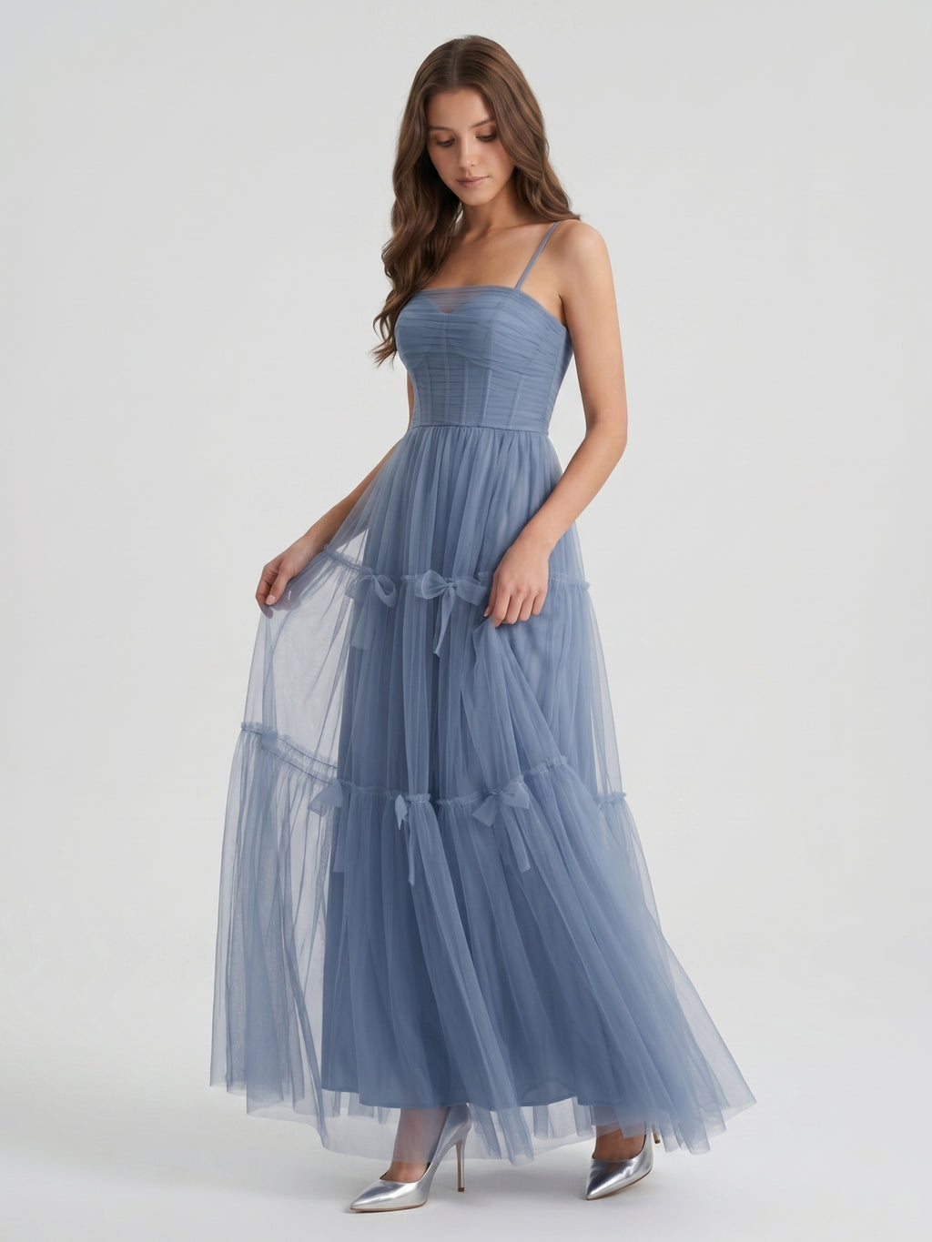 Stormy Tulle A-Line Square Neck Back Zip Floor-Length Bridesmaid Dress