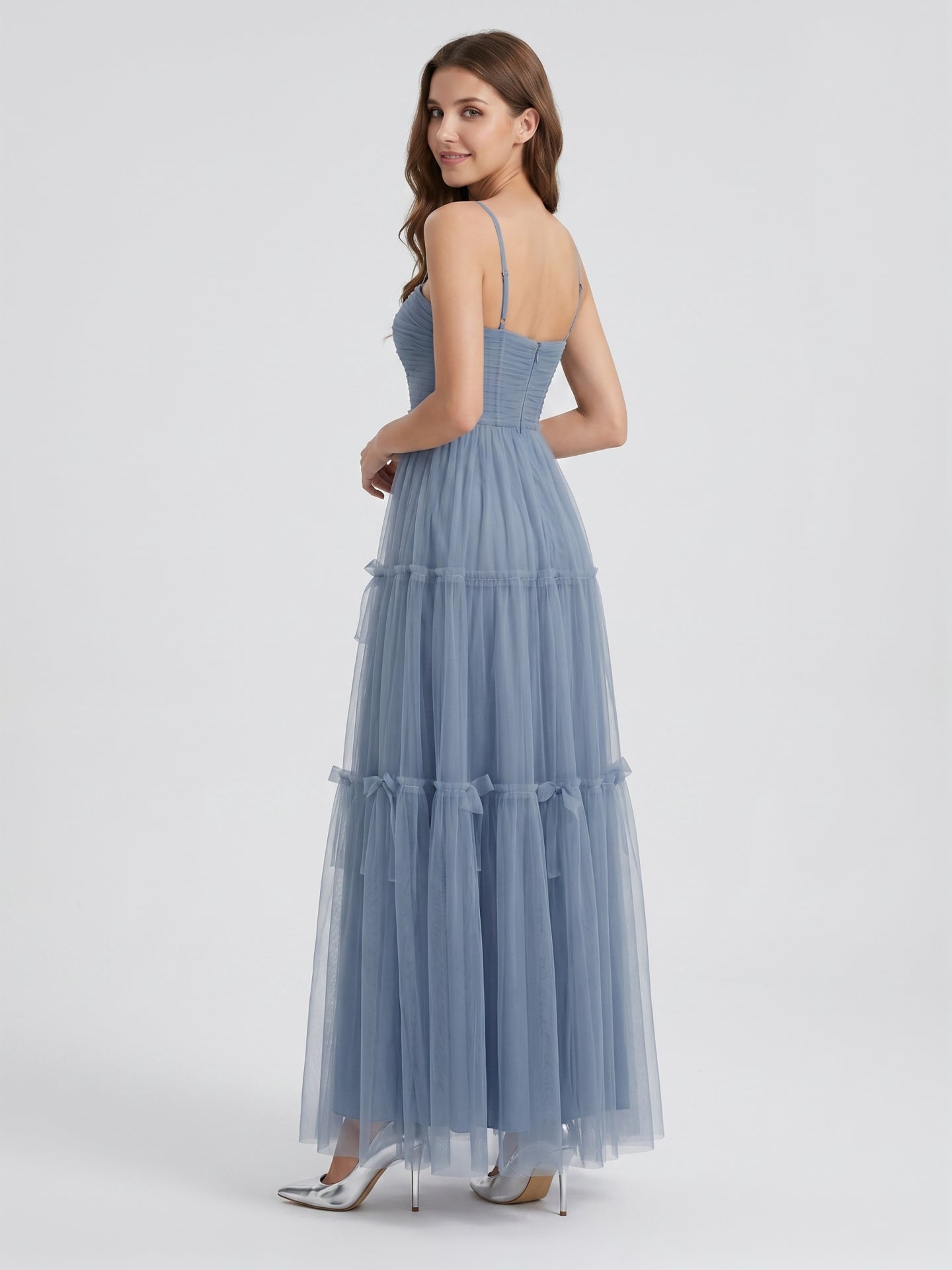 Stormy Tulle A-Line Square Neck Back Zip Floor-Length Bridesmaid Dress