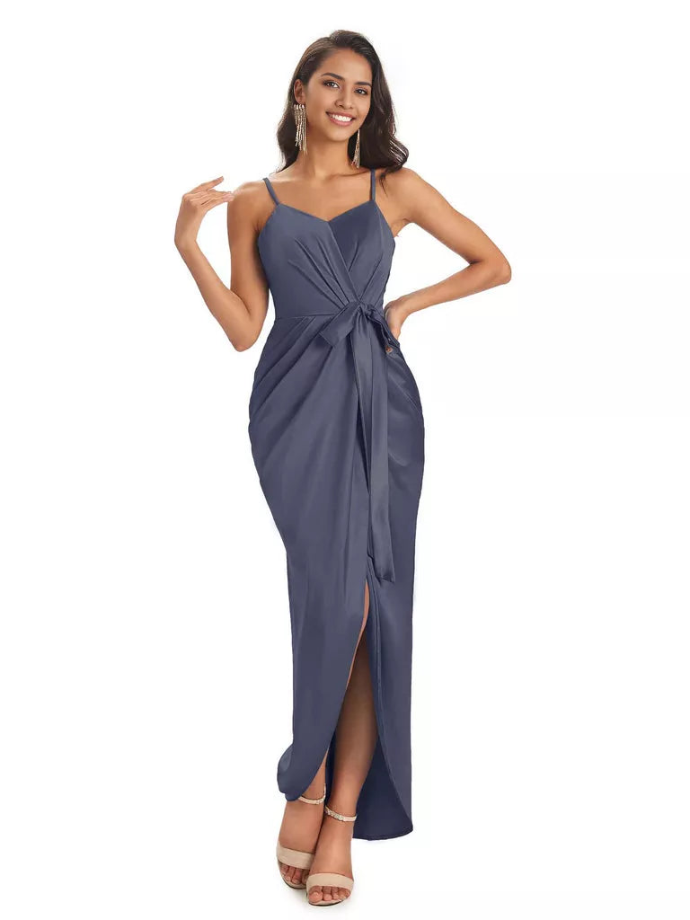High Low Spaghetti Straps V-neck Mermaid Asymmetrical Soft Satin Bridesmaid Dresses