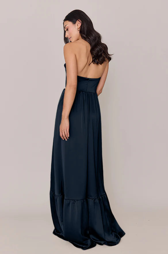 Strapless Bustier Bridesmaid Dress with High Thigh Slit & Ruffle Hem Skirt