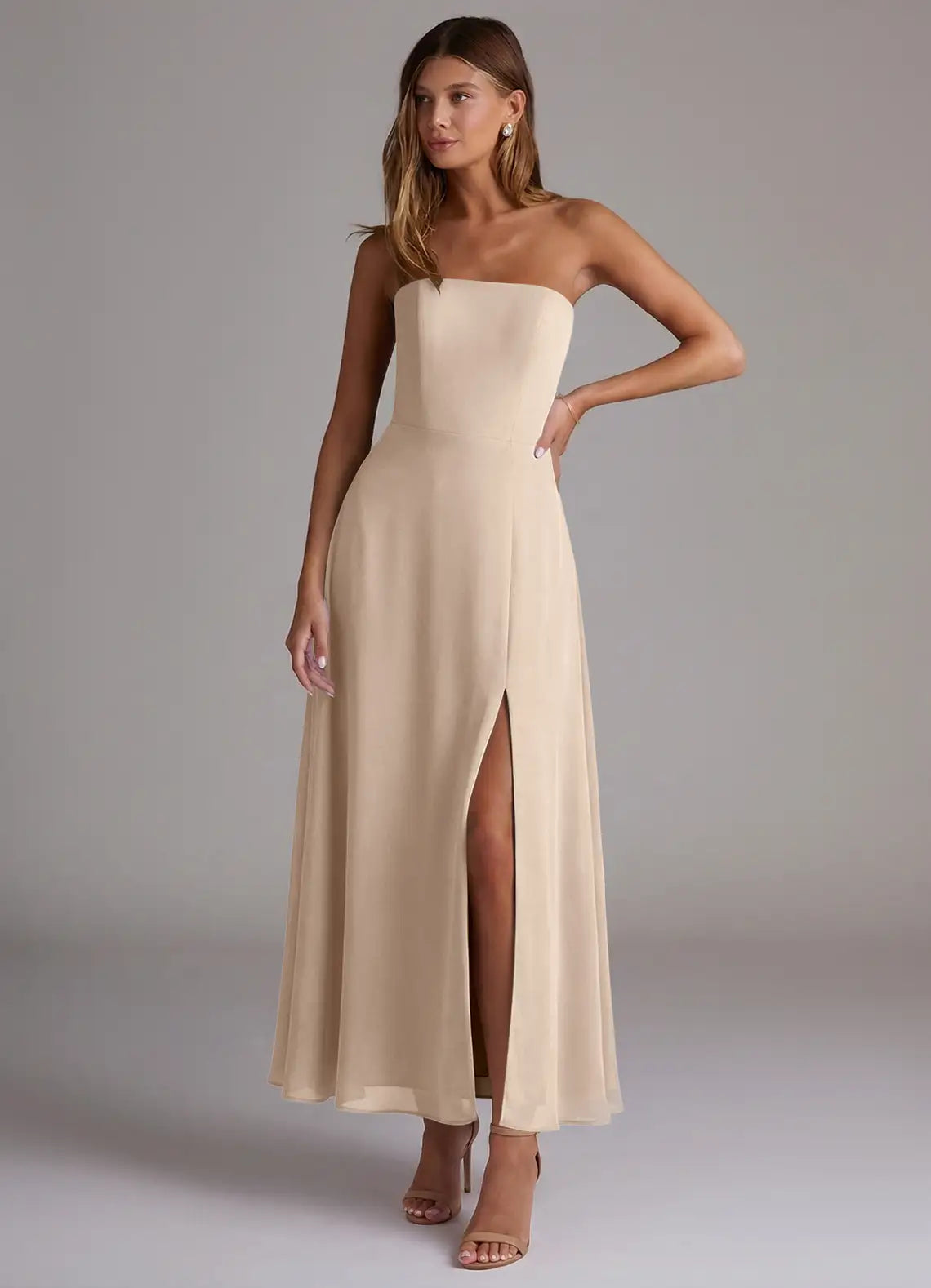 Strapless Chiffon Bridesmaid Dress with Ankle-Length Skirt and High Front Slit